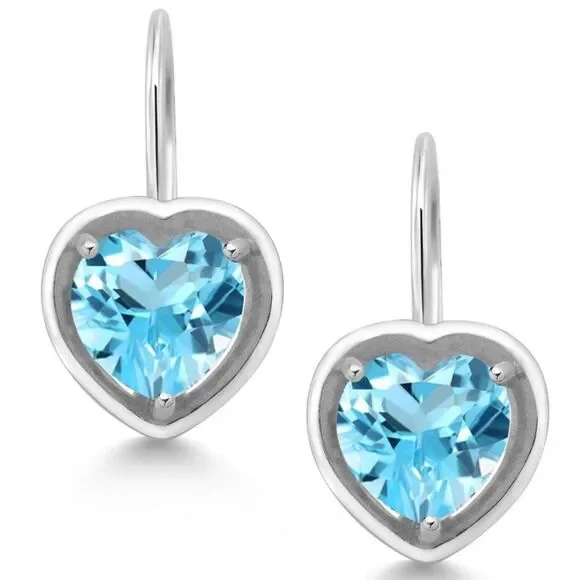 925 Sterling Silver with 3.00 Cttw 7MM Swiss Blue Topaz Heart Leverback Earrings